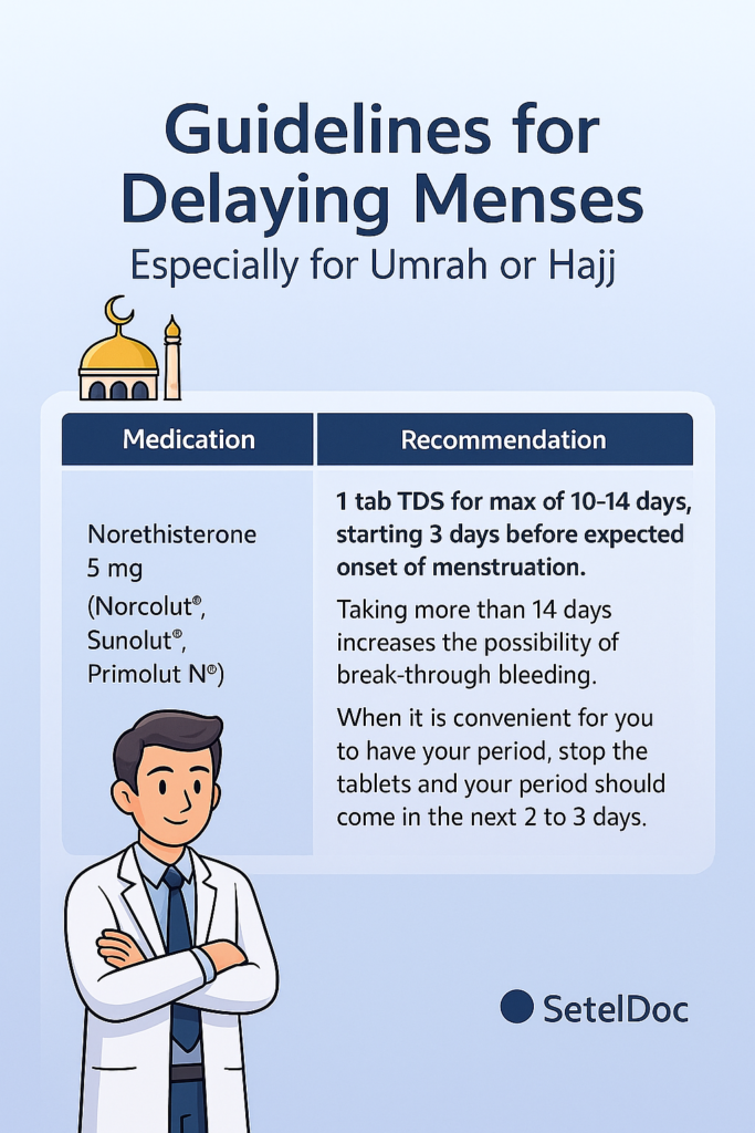 guidelines for delaying menses for umrah using norethisterone